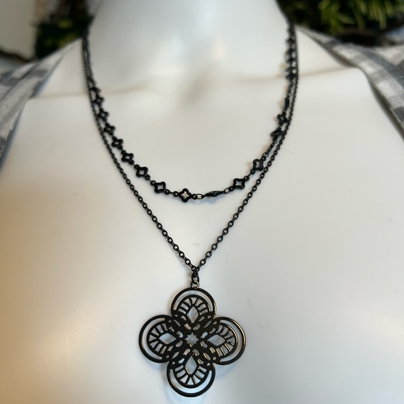 All Black Elegant Fleur de Lis Necklace - Classic Flower Layered Necklace - Picture 9 of 10